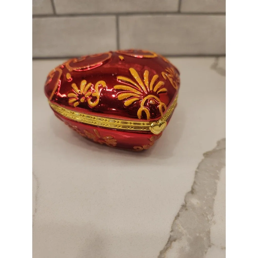 Vintage Christopher Radko Red Gold Glitter‎ Heart Hinged Trinket Box Jewelry Box